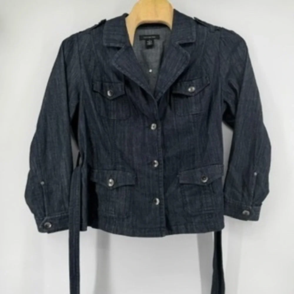 Calvin Klein Jeans Womens Jacket 2X Blue Denim‎ Belted Button Down Collared